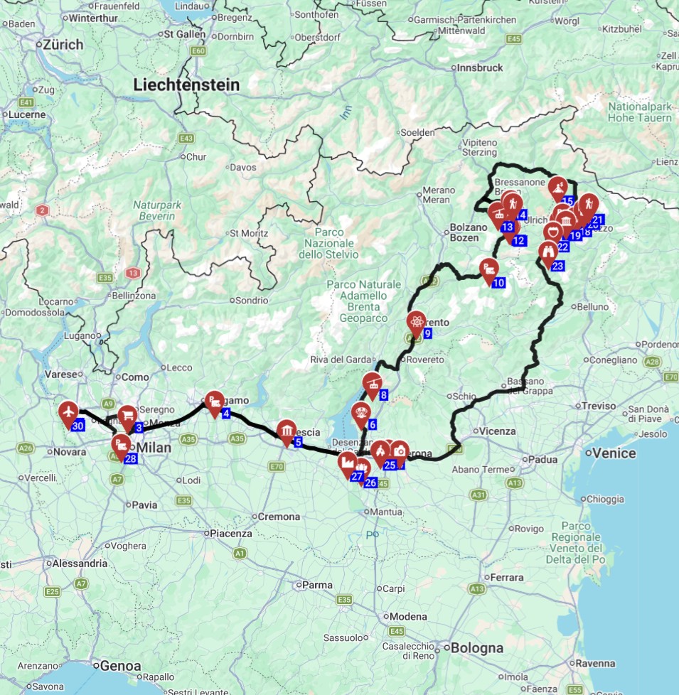 Map for השכרת קרוואן ותכנון מסלול טיול קרוואנים ממילאנו איטליה
